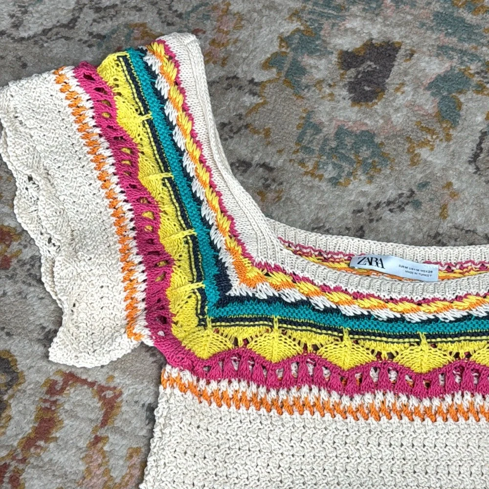 Zara Multi Color Cream Crotched Cropped‎ Cap Sleeve Top - medium - Picture 7 of 17